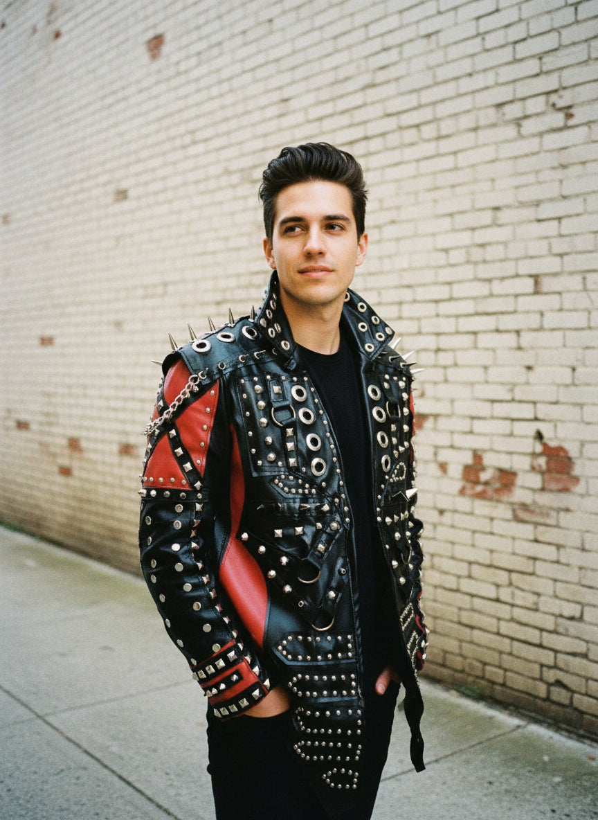 Handmade Men Red and Black Gothic Studded Leather Jacket, Men Studded Jacket