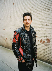 Handmade Men Red and Black Gothic Studded Leather Jacket, Men Studded Jacket