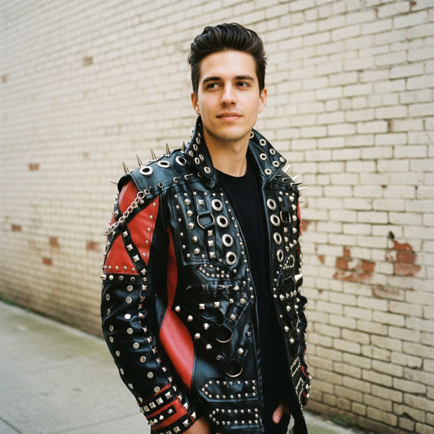 Handmade Men Red and Black Gothic Studded Leather Jacket, Men Studded Jacket