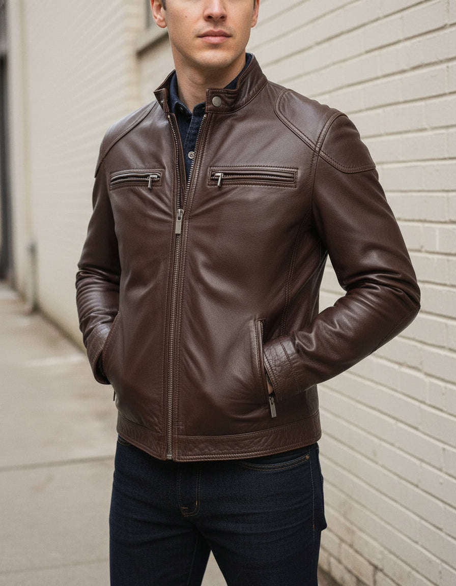 Men's Handmade Slim Fit Brown Leather Jacket