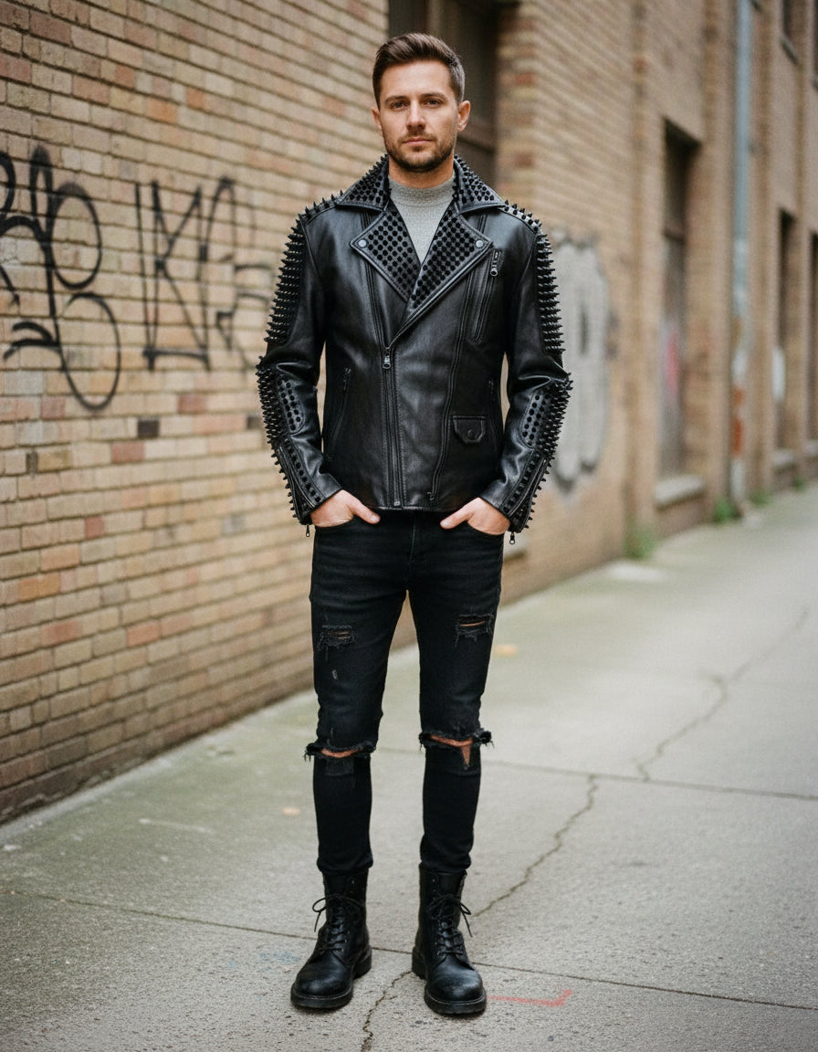 Handmade Men's Black Studded Punk Style Black Biker Rock Design Jacket