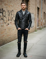 Handmade Men's Black Studded Punk Style Black Biker Rock Design Jacket