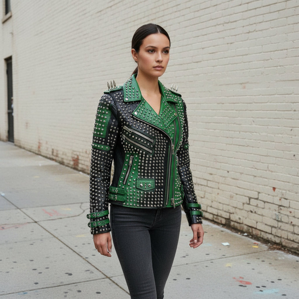 Women's Handmade Punk Studded Real Cowhide Leather Motorbike Jacket