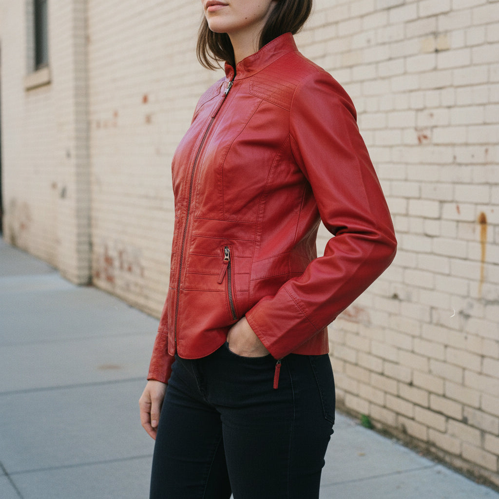 Women's Red Leather Biker Jacket, Women's Genuine Leather Moto Jacket