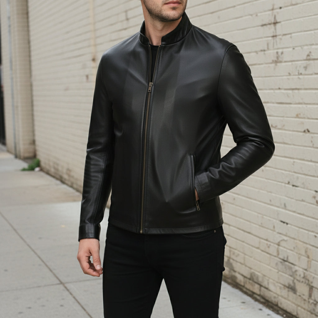 Handmade Men Black Sheep Leather Jacket, Men Motorcycle Jacket, Biker Jacket for Men