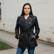 Gothic Dyed Leather Black Women's Long Jacket, Edgy Long Leather Jacket for Women in Black
