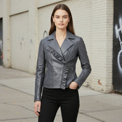 Women's Slim Fit Leather Biker Jacket with Frill Detail