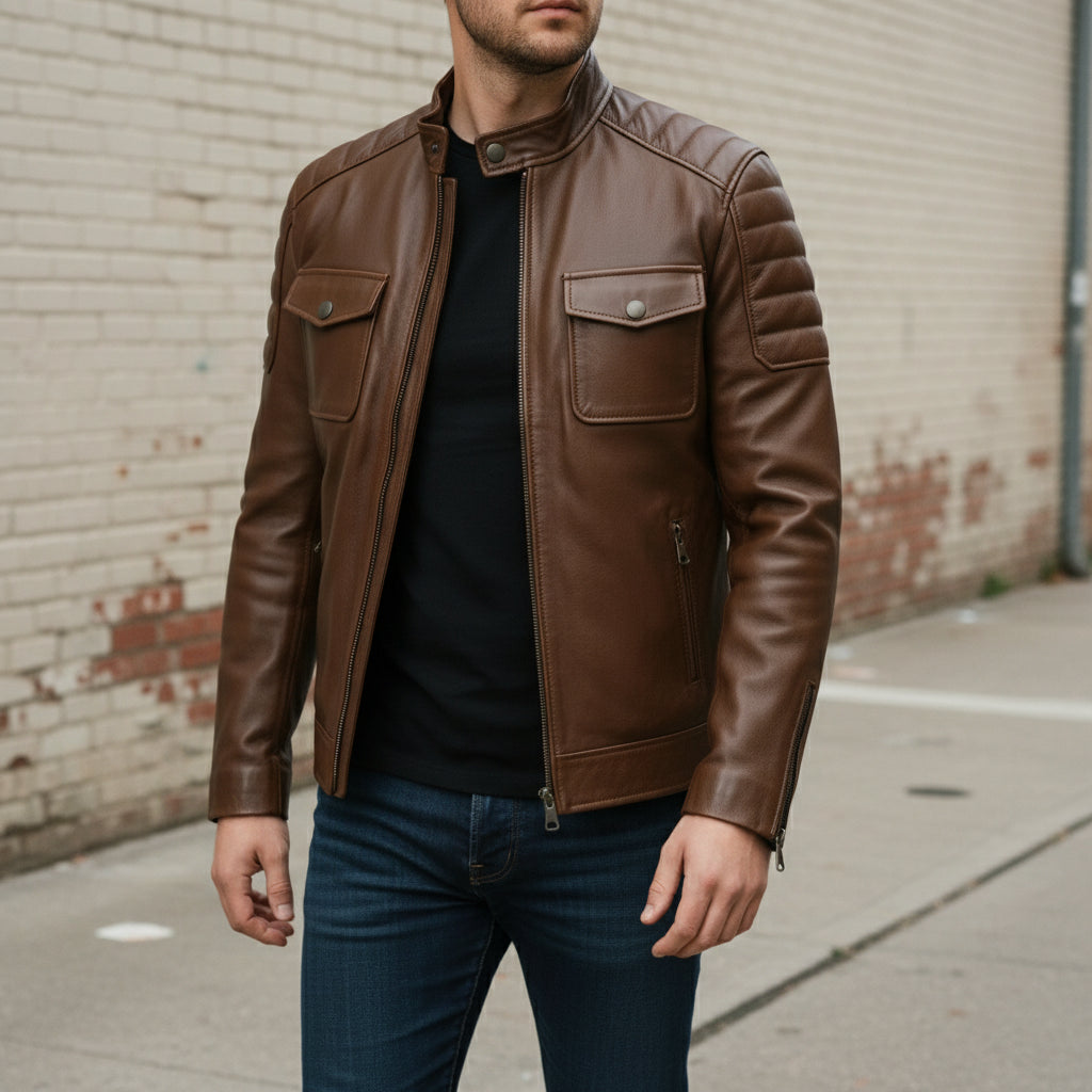 Handmade Men Brown Real Leather Motocycle Jacket, Men Antique Brown Biker Jacket