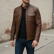 Handmade Men Brown Real Leather Motocycle Jacket, Men Antique Brown Biker Jacket
