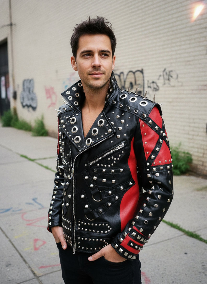 Handmade Men Red and Black Gothic Studded Leather Jacket, Men Studded Jacket