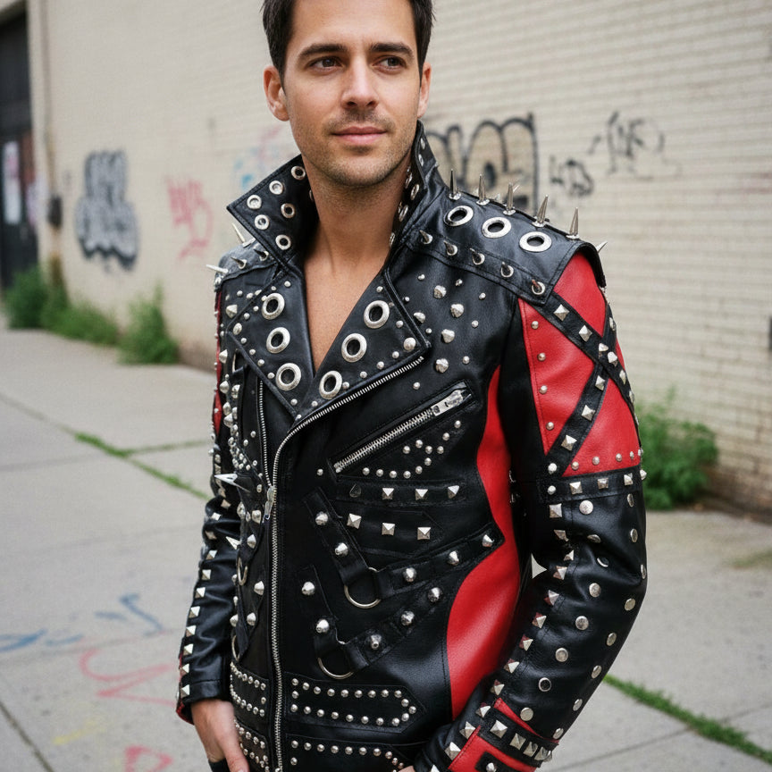 Handmade Men Red and Black Gothic Studded Leather Jacket, Men Studded Jacket