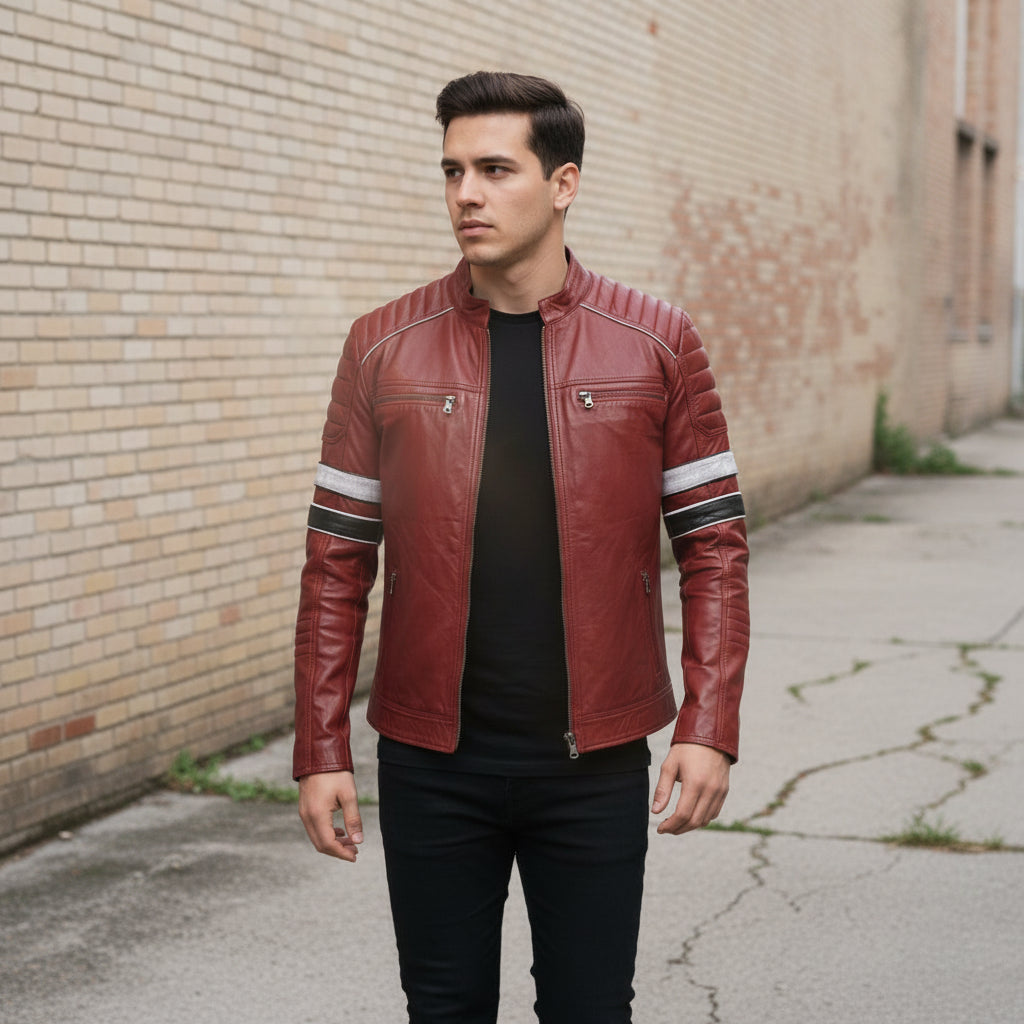 Handmade Men Red Leather Biker Fashion Jacket with Stripes, Mens Leather Apparel
