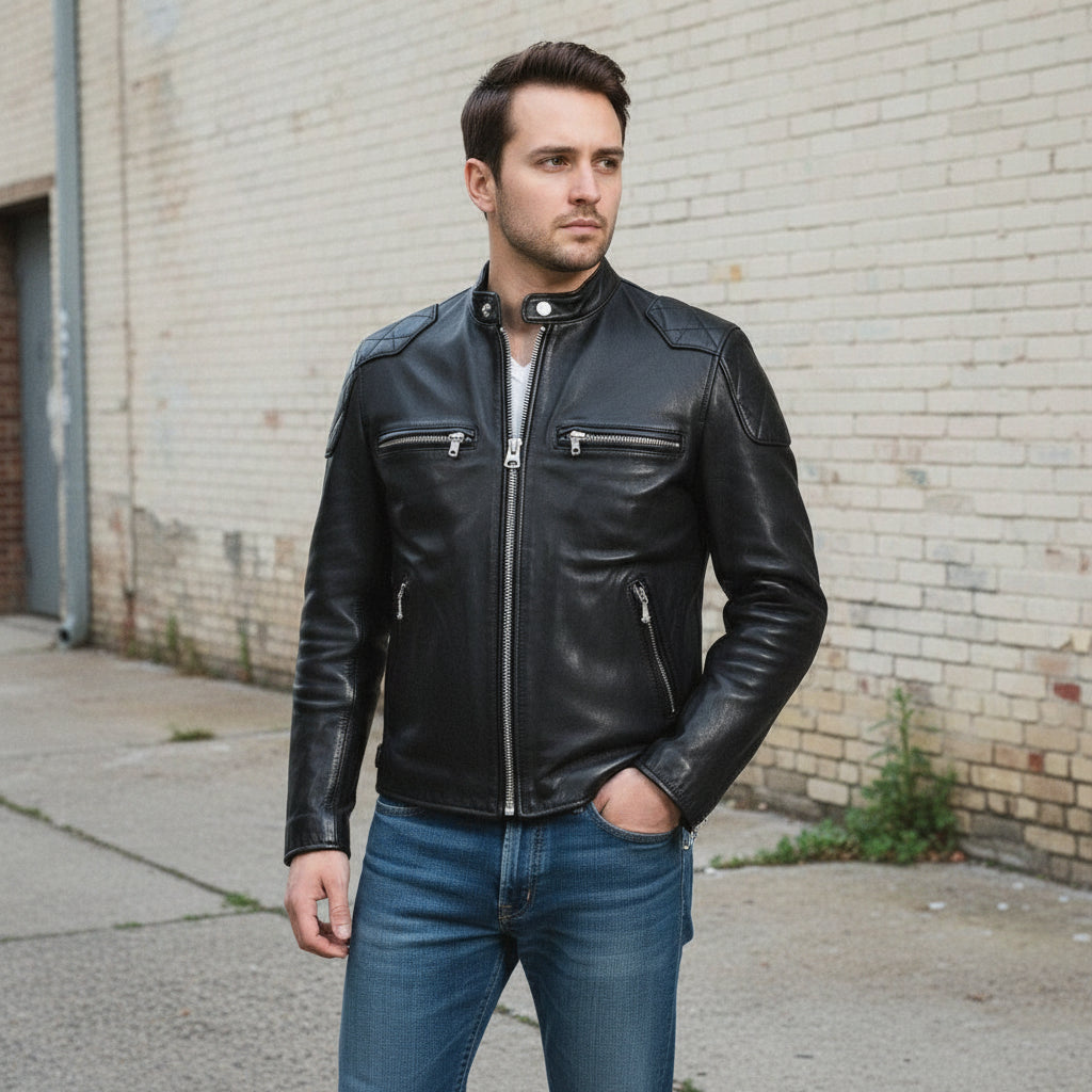 Handmade Men Black Leather Motorcycle, Winter Fashion Leather Jacket
