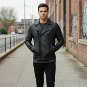 Men's Handmade Black Genuine Leather Jacket Slim Fit Zip Closure Vintage Style