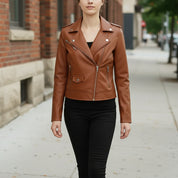 Women’s Brown Leather Biker Jacket, Handmade Moto Style