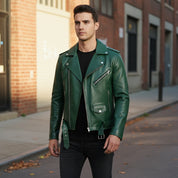 Handmade Men Green Biker Leather Jacket, Green Belted Motorcyle Jacket for Men