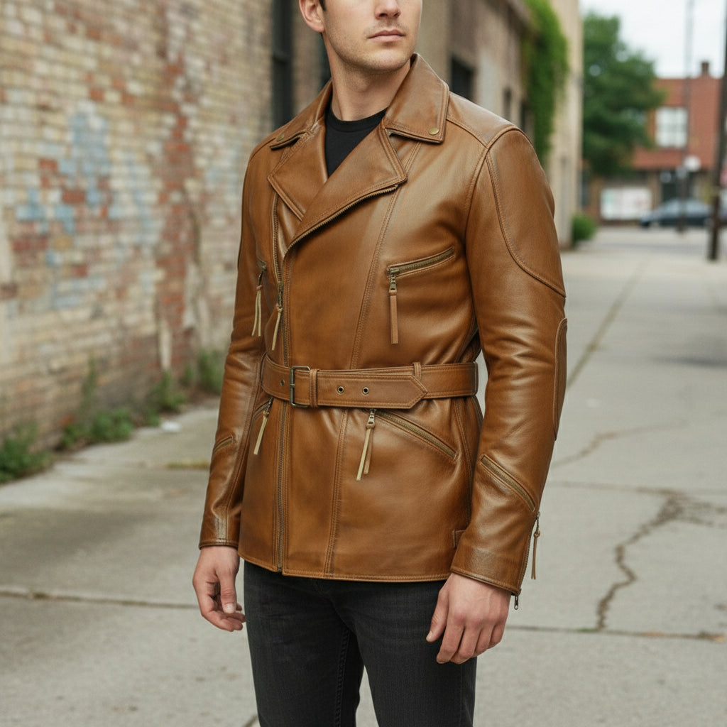 Handmade Men Antique Brown Coat Style Belted Leather Jacket with Multiple Pockets