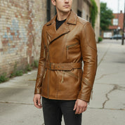 Handmade Men Antique Brown Coat Style Belted Leather Jacket with Multiple Pockets