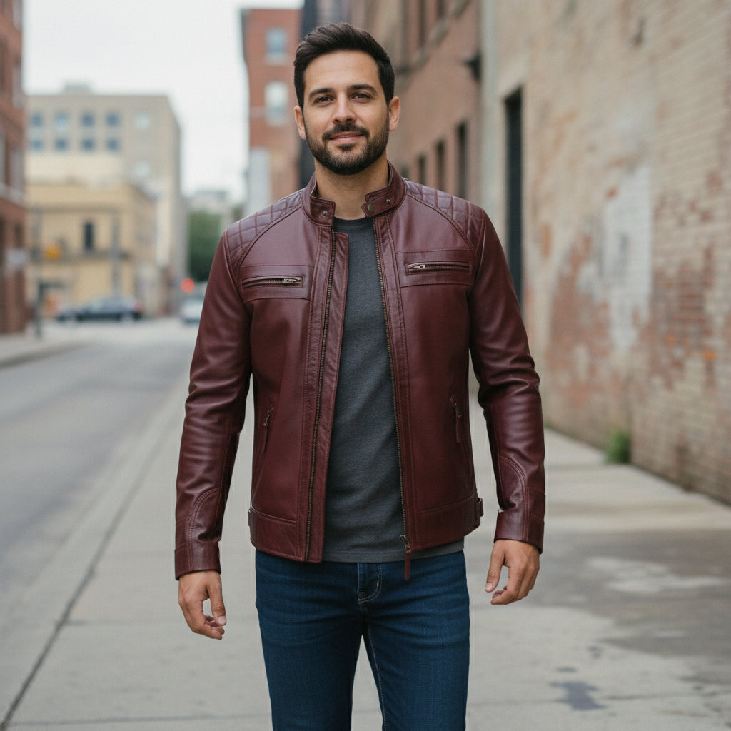 Handmade Maroon Leather Biker Jacket for Men. Motorcycle Jacket For Men