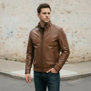 Handmade Mens Brown Genuine Sheep Leather  Motocycle Jacket