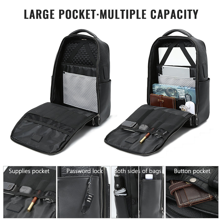 best usb laptop backpack Men's Black Pebbled Leather Laptop Backpack