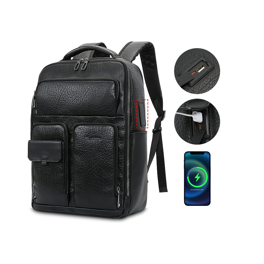 Men's Modern Leather Laptop Backpack with USB Charging Port