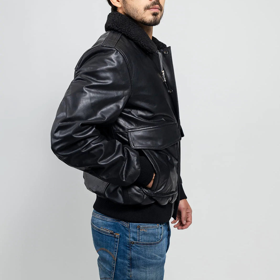 Gothic Naked Buffalo Leather Men's Bomber Jacket - Black