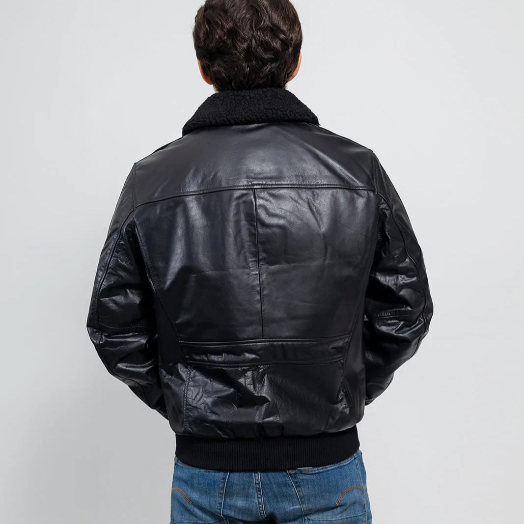 Gothic Naked Buffalo Leather Men's Bomber Jacket - Black