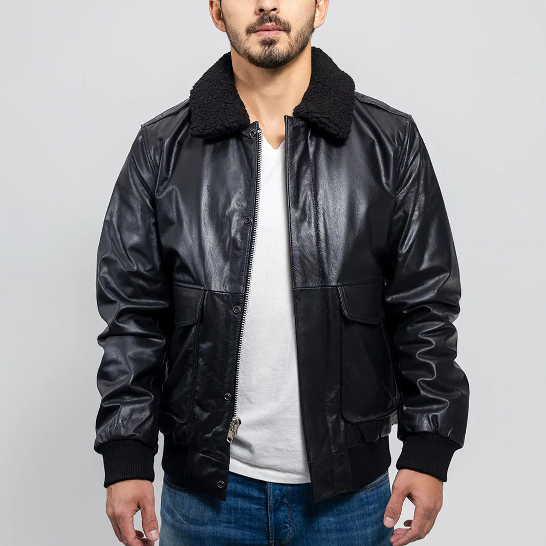 Gothic Naked Buffalo Leather Men's Bomber Jacket - Black