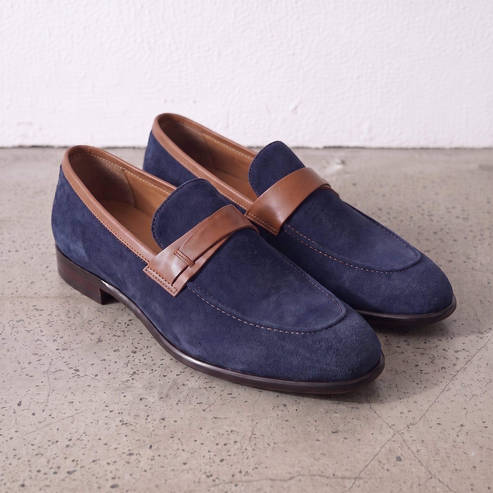 Navy Blue and Tan Apron-Toe Suede Penny Loafers — Waltham