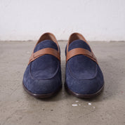 Navy Blue and Tan Apron-Toe Suede Penny Loafers — Waltham