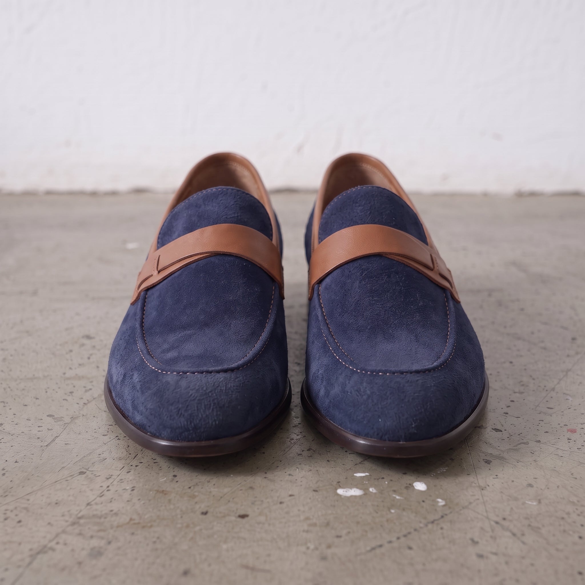 Navy Blue and Tan Apron-Toe Suede Penny Loafers — Waltham