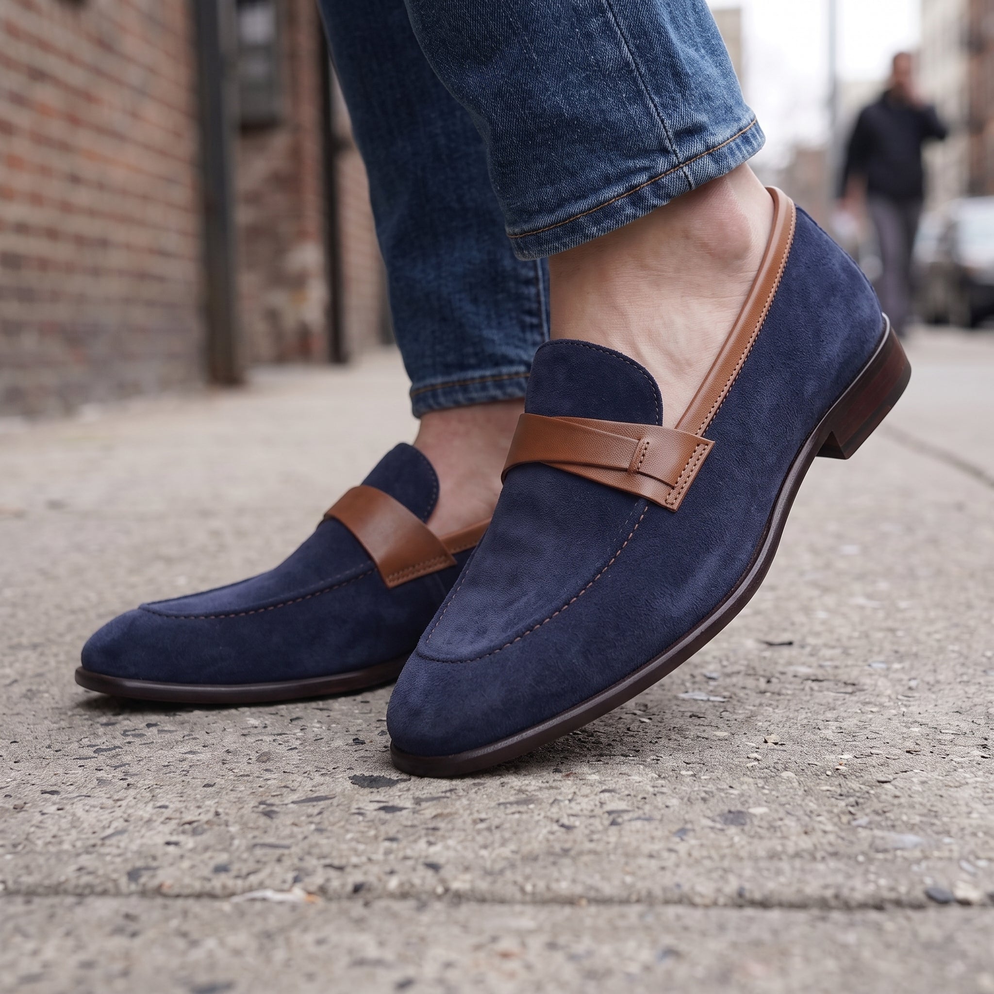 Navy Blue and Tan Apron-Toe Suede Penny Loafers — Waltham