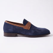 Navy Blue and Tan Apron-Toe Suede Penny Loafers — Waltham