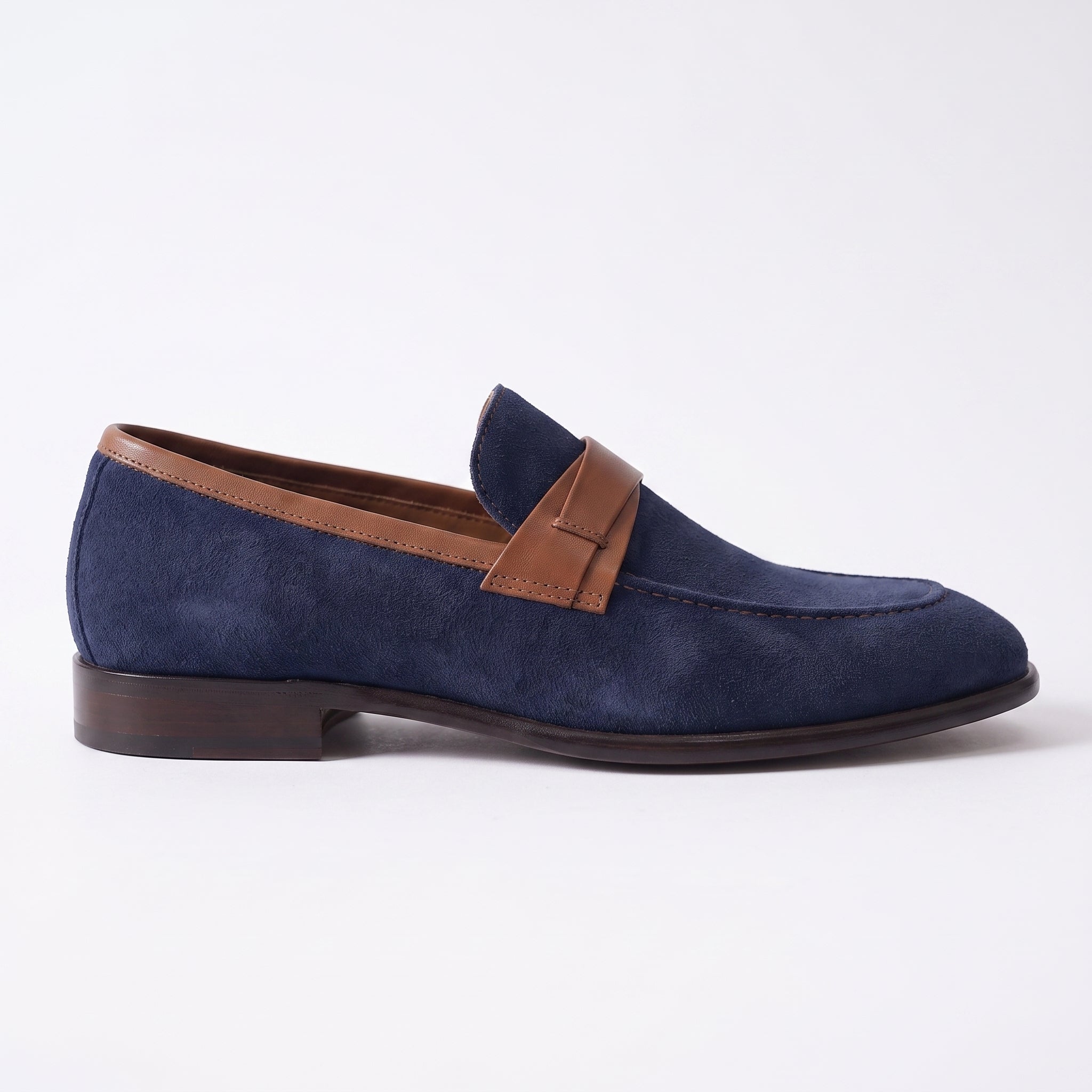 Navy Blue and Tan Apron-Toe Suede Penny Loafers — Waltham