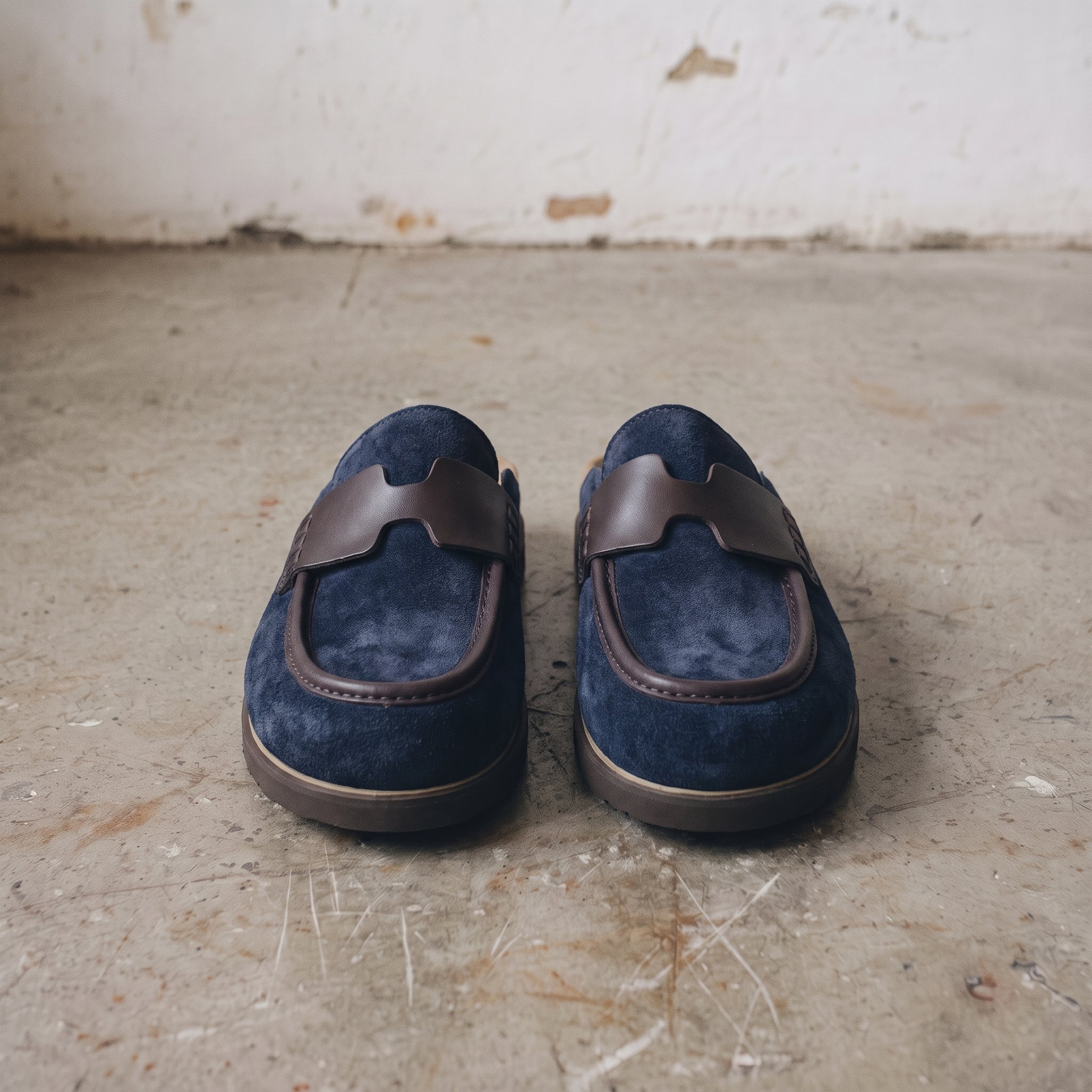 Navy Blue Suede Apron-Toe Loafer Mules — Brentley