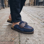 Navy Blue Suede Apron-Toe Loafer Mules — Brentley