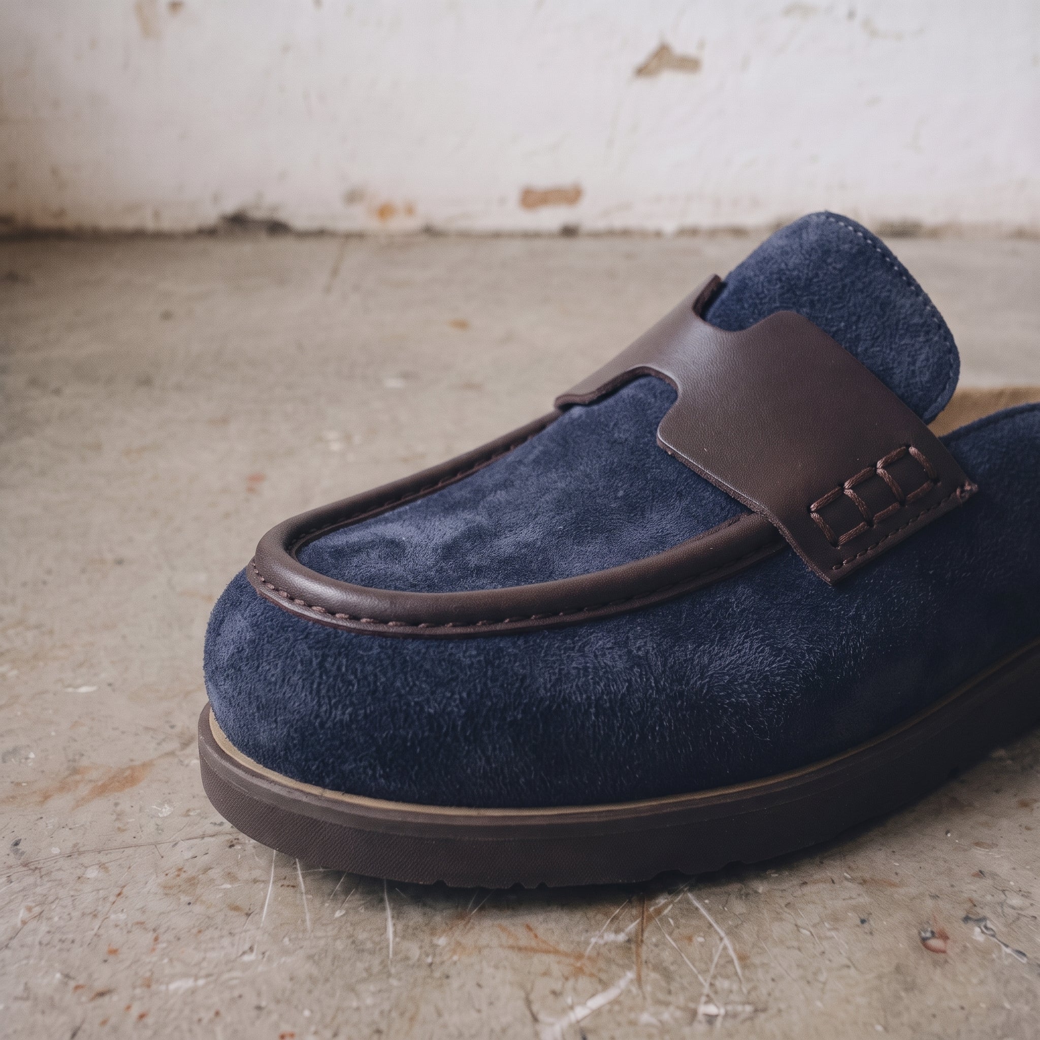 Navy Blue Suede Apron-Toe Loafer Mules — Brentley