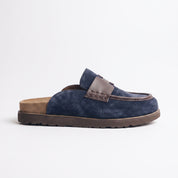 Navy Blue Suede Apron-Toe Loafer Mules — Brentley