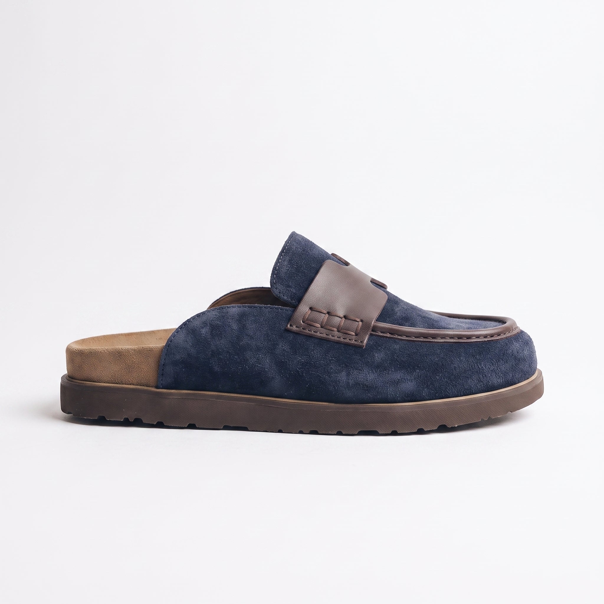 Navy Blue Suede Apron-Toe Loafer Mules — Brentley