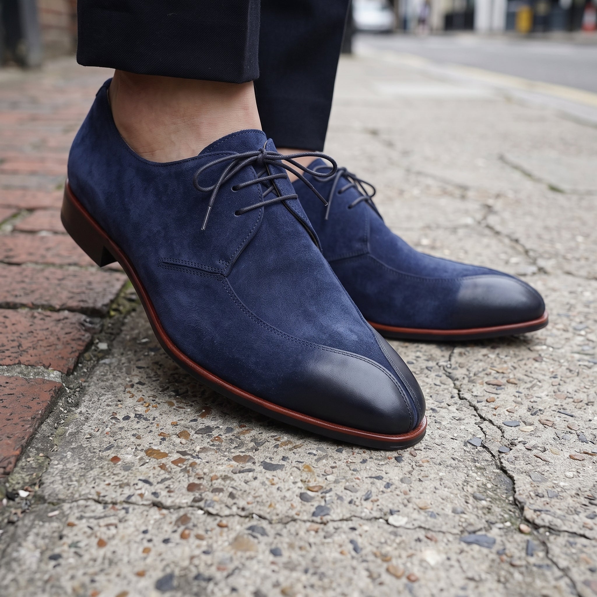 Navy Suede Apron-Toe Derbys — Gofton
