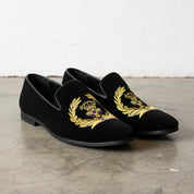 New Handmade Men Black Embroidered Loafer Velvet Shoes, Velvet Shoes - angle-view-showing-depth