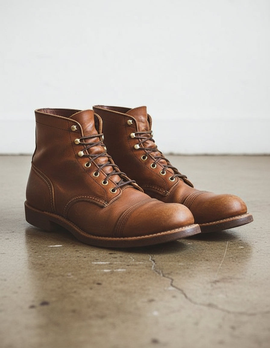 New Handmade Men Round Style Real Brown Tan Leather Ankle Boots - angle-view-showing-depth