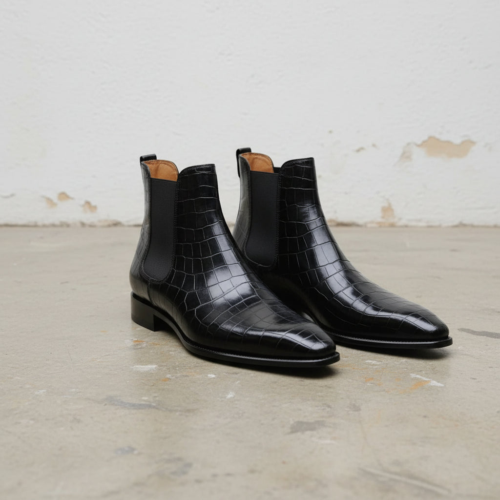 New Handmade Mens black crocodile chelsea boots, Made to order casual boot - angle-view-showing-depth