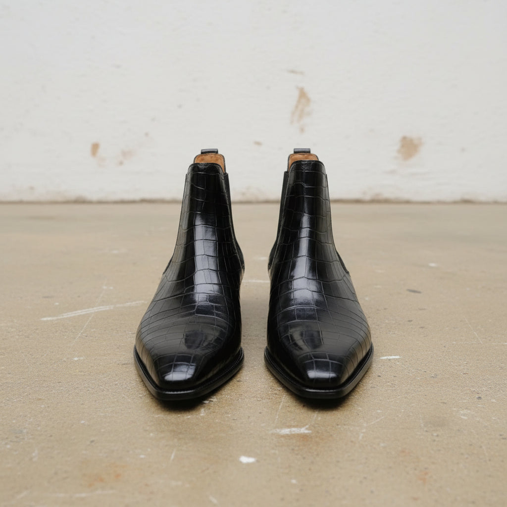 New Handmade Mens black crocodile chelsea boots, Made to order casual boot - front-view