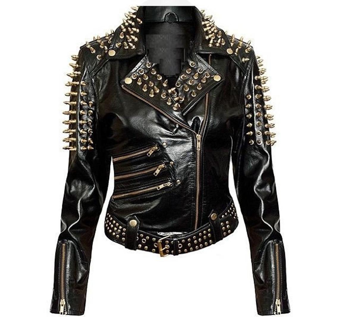 New Woman Black Full Golden Spiked Studded Brando Style Leather Jacket