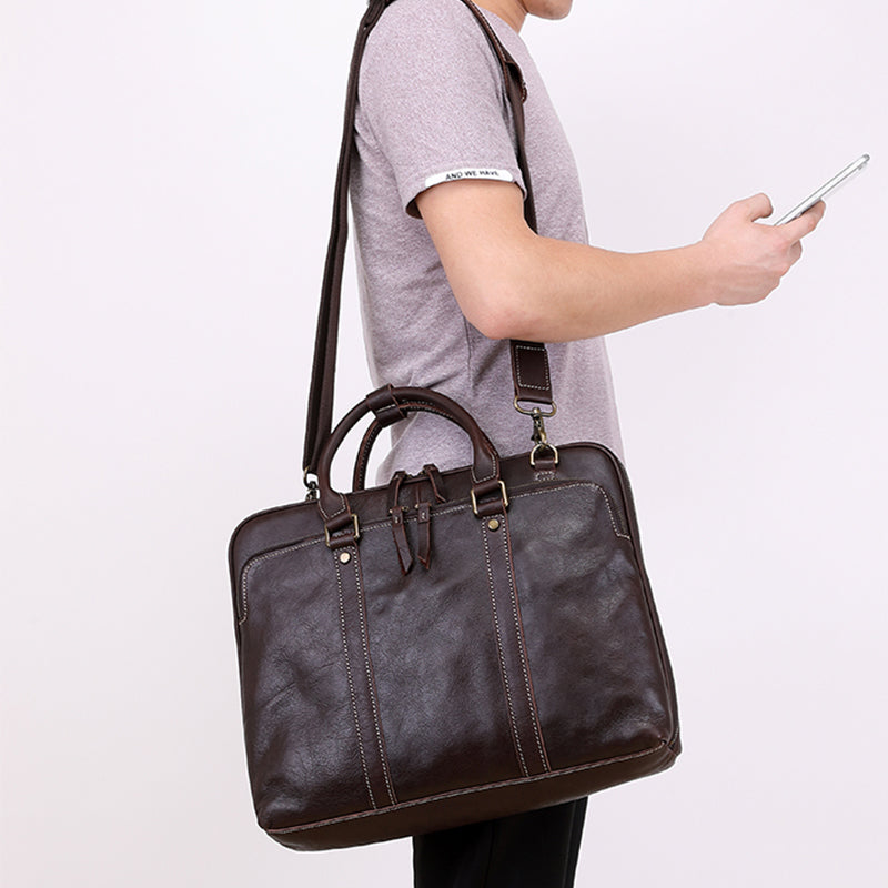 Premium Vintage Leather Laptop Briefcase for Men – Waterproof, Zipper Close