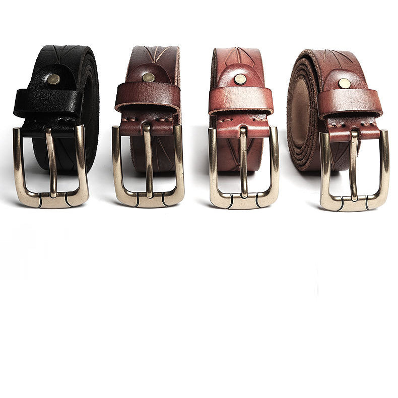 Premium Vintage Pinhole Rectangular Steel Buckle Genuine Leather Men’s Belt