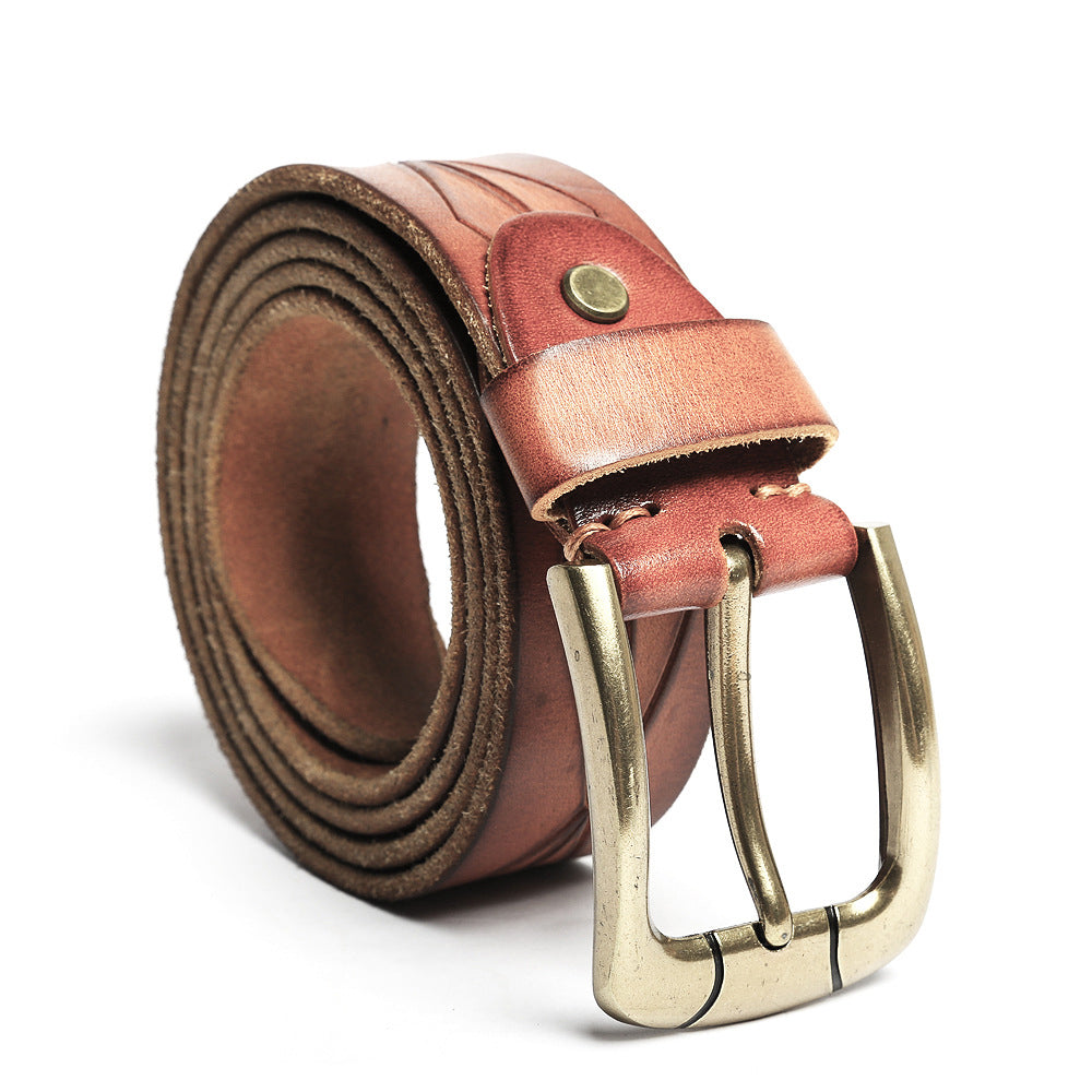 Premium Vintage Pinhole Rectangular Steel Buckle Genuine Leather Men’s Belt
