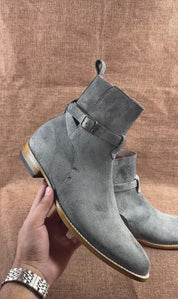 Handcrafted Men's Gray Suede Leather Jodhpurs Ankle Boots